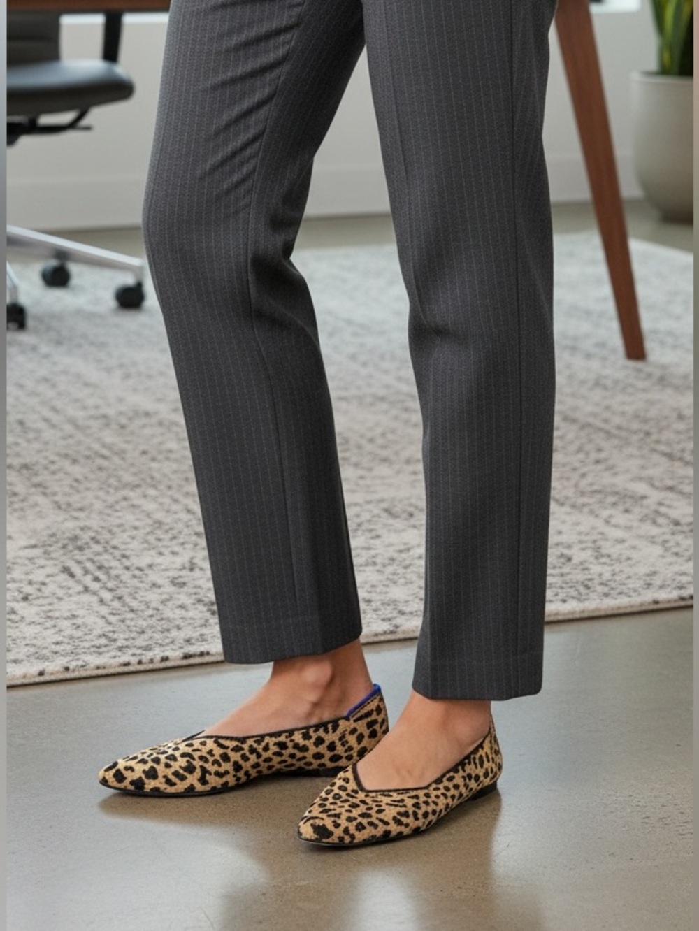 Rothy's The Point Ballet Flats Leopard Print Tan Black Blue Trim Size 11.5 | GUC